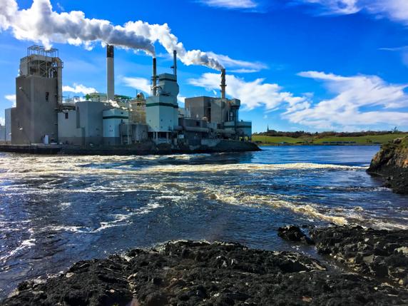 View of the paper plant across the St John river at the reversing falls.  The largest tide in the world causes the river to change directions as water from the Bay of Fundy flows up river.