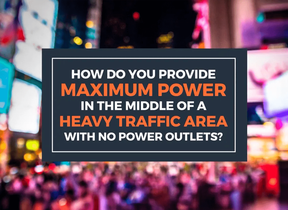 A promotional dark gray card with white and orange text over a blurry background