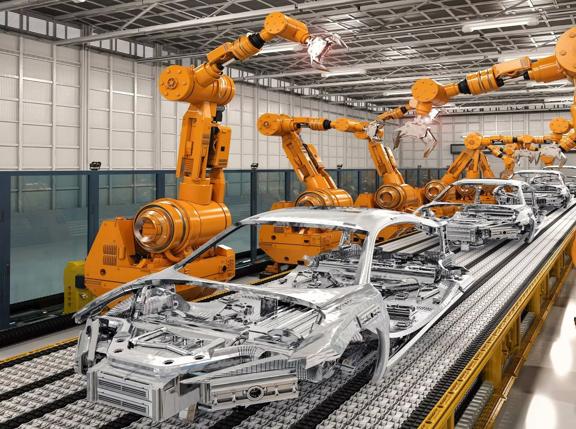 Automated robotic arms working on car assembly in a modern factory. Sleek, metallic car frames are on the production line.