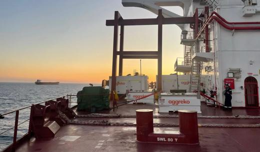 Berge Olympus emergency power supply for 210,000 MT bulk iron ore carrier. 
On deck power station consisting of 4x synchronized 320kVA generators, cable package and associated fuel hardware. 
Pilbara coast, Australia.