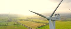 Aerial photo of wind turbines at sunset in Sainte Pazanne, France