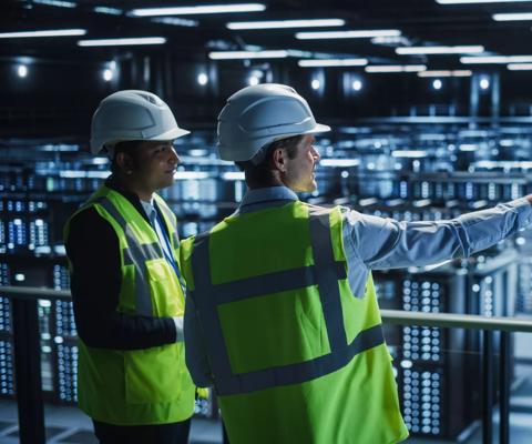 Data Center IT Specialist and System administrator Talk, Use Tablet Computer, Wearing Safety Wests. Server Clod Farm with Two Information Technology Engineers checking Cyber Security.