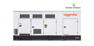 A large, white natural gas generator with black accents, featuring multiple doors and the Aggreko logo prominently displayed.