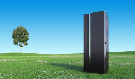 Modern Server Rack on a Beautiful green landscape with clear blue sky stock photo