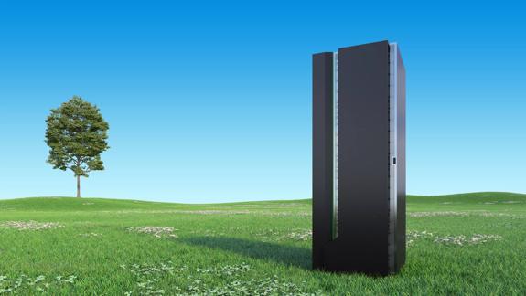 Modern Server Rack on a Beautiful green landscape with clear blue sky stock photo