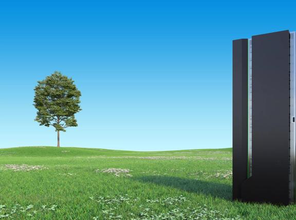 Modern Server Rack on a Beautiful green landscape with clear blue sky stock photo