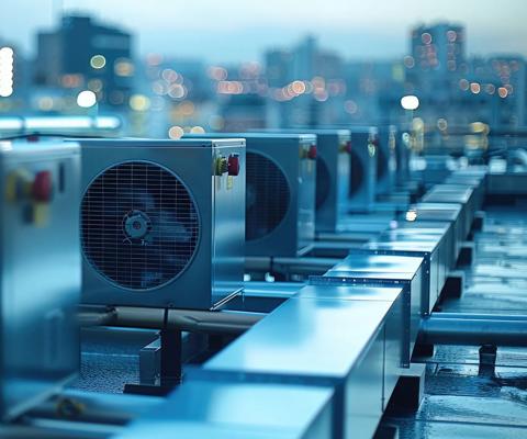 Industrial chillers on the roof of the hi-tech factory, futuristic city view, fresh air. Generative AI.