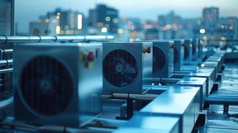 Industrial chillers on the roof of the hi-tech factory, futuristic city view, fresh air. Generative AI.