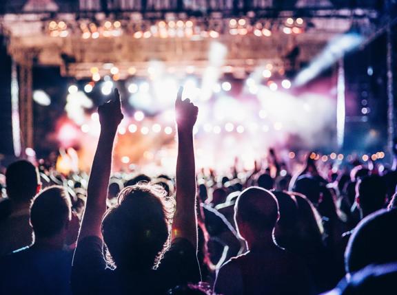 Concert crowd and concert stage.