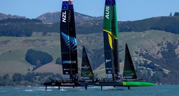 Australia SailGP Team and New Zealand SailGP Team practise on Race Day 1 of the ITM New Zealand Sail Grand Prix in Christchurch, New Zealand. Saturday 18th March 2023. Photo: Felix Diemer for SailGP. Handout image supplied by SailGP