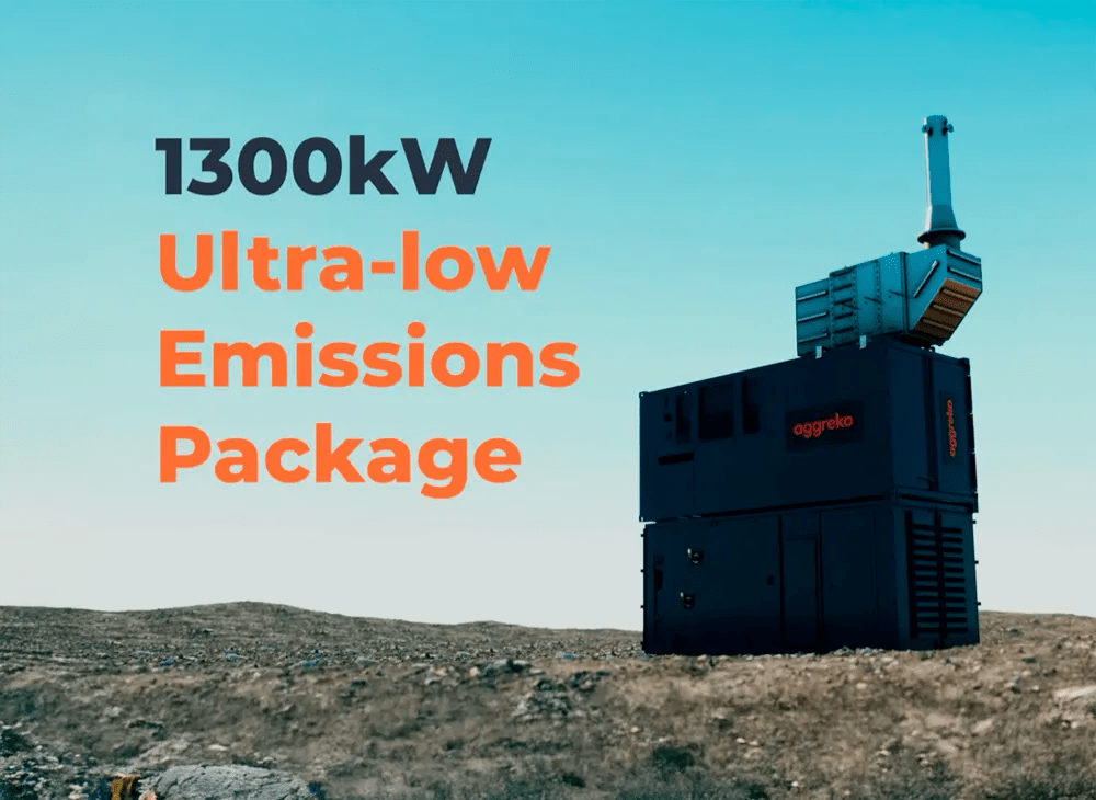 Promotional ad for 1300kW Ultra-low Emissions Package with the unit sitting outdoors.