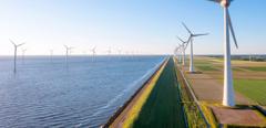 This is a drone photo of the offshore wind farm in the Flevoland province of the Netherlands, near Urk.