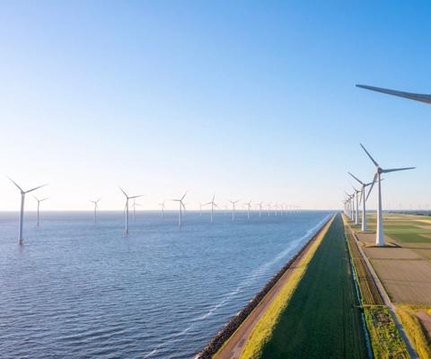 This is a drone photo of the offshore wind farm in the Flevoland province of the Netherlands, near Urk.