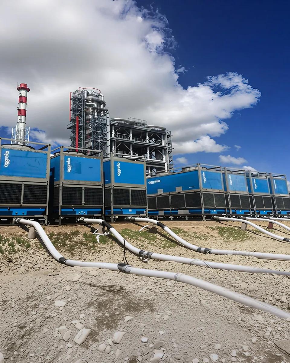 Plusieurs unités industrielles bleues empilées sur deux niveaux dans un environnement extérieur aride, avec de grands tuyaux blancs et noirs connectés au bas, et d’autres structures industrielles visibles à l’arrière-plan sous un ciel bleu et nuageux