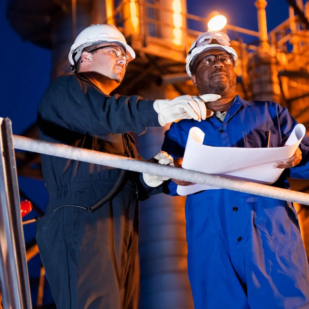 View of 2 workers looking at a blueprint at a refinery setting.