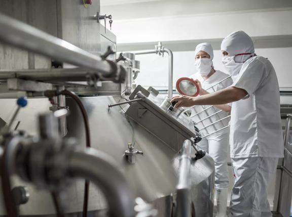 Couple of people working at a dairy factory pasteurizing the milk - food proccessing concepts