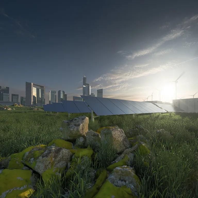 A green landscape with solar panels and wind turbines, set against modern skyscrapers and a sunrise in the background.