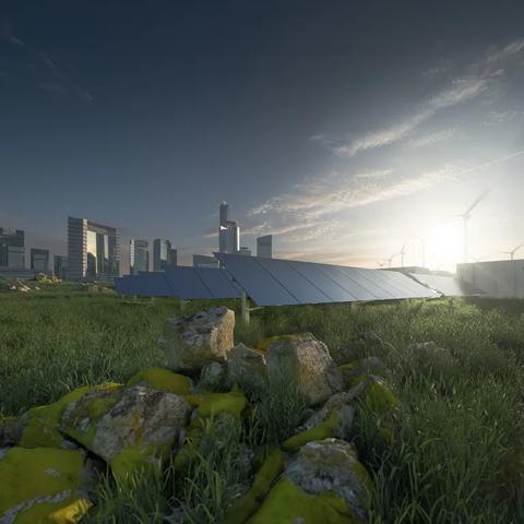 A green landscape with solar panels and wind turbines, set against modern skyscrapers and a sunrise in the background.