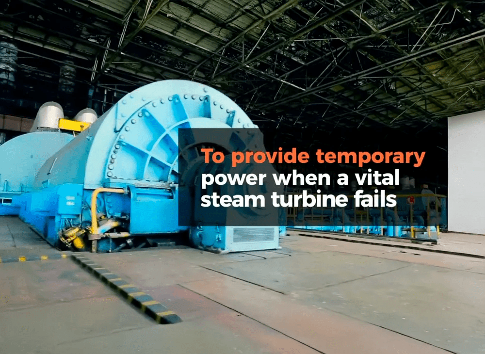 Temporary power promotional ad with a background image of a steam turbine.