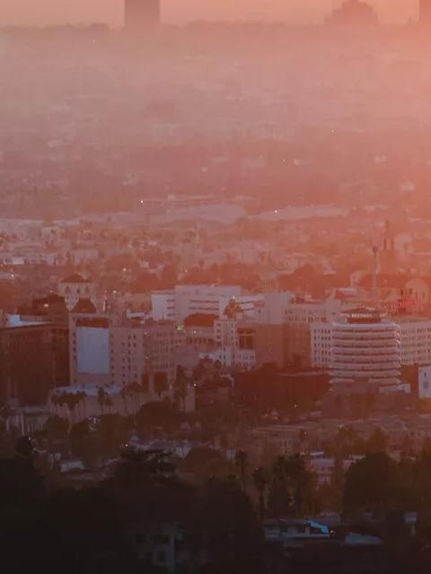 City skyline at sunset.