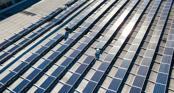 Aerial view of multiple rows of solar panels.