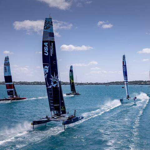 SailGP F50 fleet in action during the  Bermuda SailGP presented by Hamilton Princess, Event 1 Season 2 in Hamilton, Bermuda. 23 April 2021. Photo: Simon Bruty for SailGP. Handout image supplied by SailGP