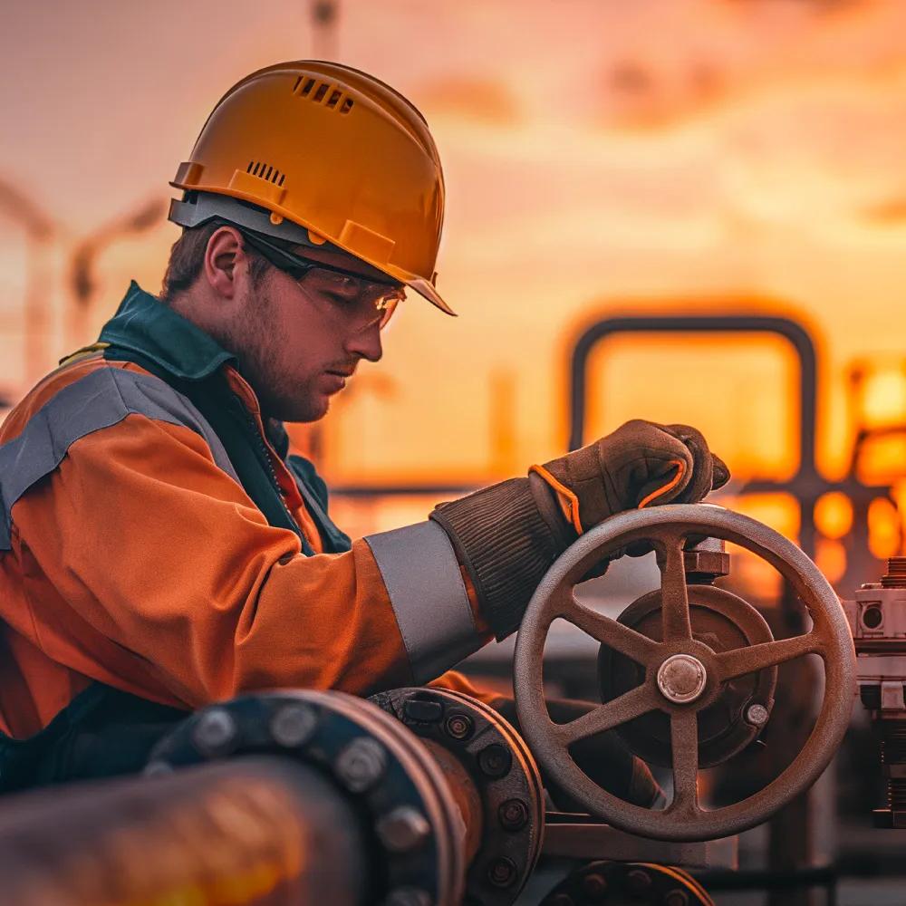 View of a person in uniform working at a refinery.