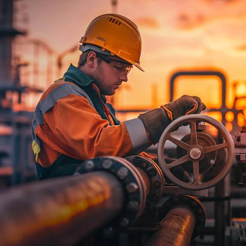 View of a person in uniform working at a refinery.