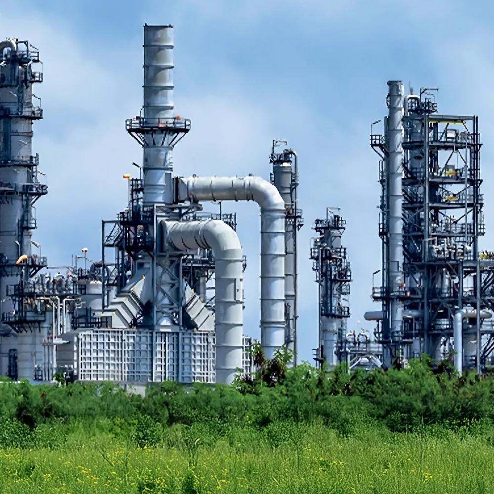 View of a petrochemical refinery at a distance.