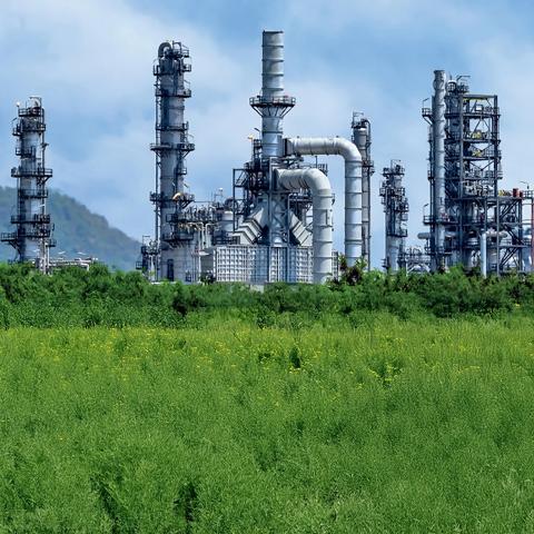 View of a petrochemical refinery at a distance.
