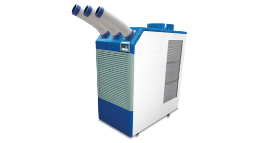 A white and blue portable air conditioner with three outlet ducts on top for cool air distribution.