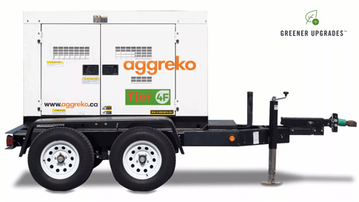 A 25kw diesel generator on a trailer, branded "Aggreko," featuring dual wheels and a green "Greener Upgrades" logo.