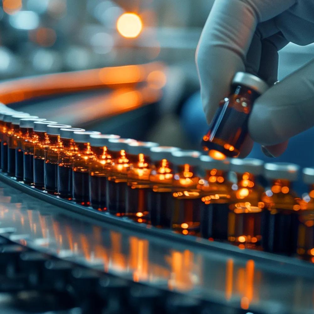 A close-up of a gloved hand holding a glass vial on a conveyor belt in a factory.