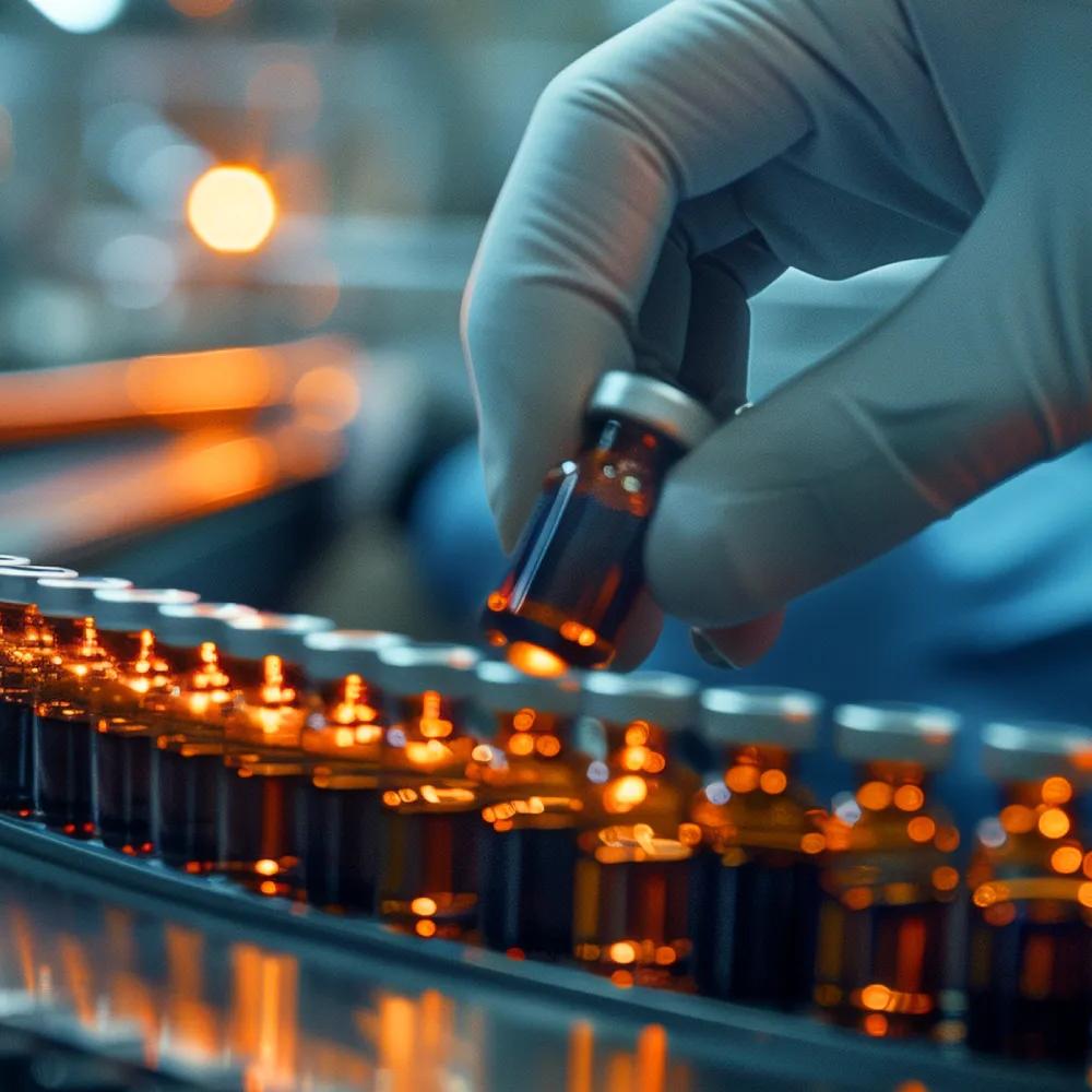 A gloved hand puts a small medicine jar in an assembly line of multiple, identical jars