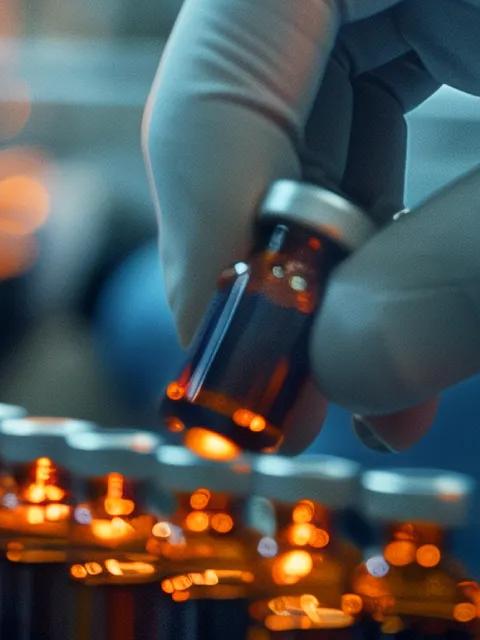Une main gantée place un petit pot de médicament sur une ligne d’assemblage composée de plusieurs pots identiques