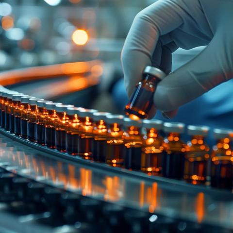 A gloved hand puts a small medicine jar in an assembly line of multiple, identical jars