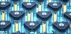 Digital generated image of triangular shaped battery made out of metal, glass and glowing element inside.
