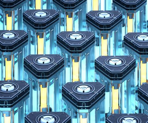 Digital generated image of triangular shaped battery made out of metal, glass and glowing element inside.