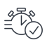 Icon of a clock with speed lines and a circled mark check.