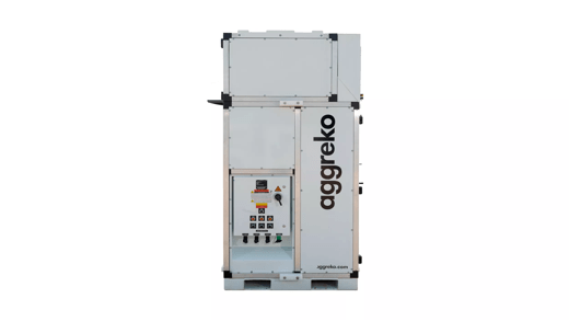 A 140 ton air handler unit with the "Aggreko" logo, featuring control panels and access points on the front.