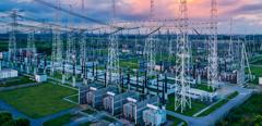 Aerial view of a high voltage substation.Industrial power tower background.