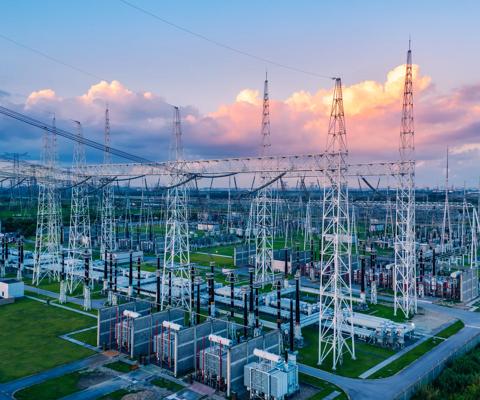 Aerial view of a high voltage substation.Industrial power tower background.
