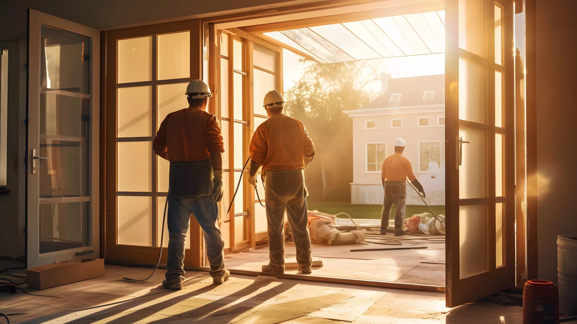 Construction workers installing windows at a building site at sunset.