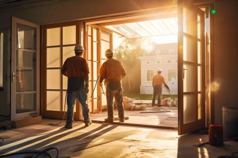 A team of workers installing windows and doors in a new house 