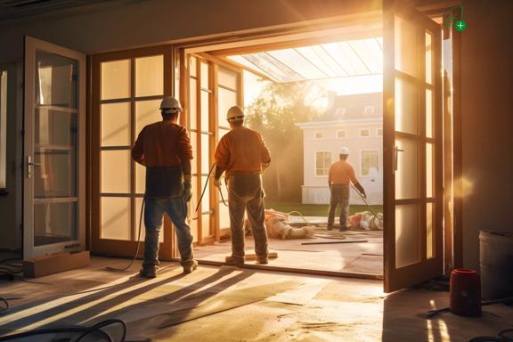 A team of workers installing windows and doors in a new house 