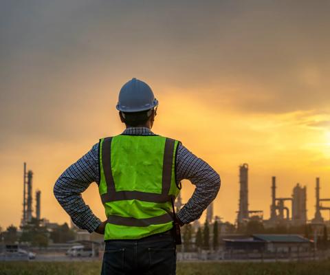 Asian engineers looking at site in oil and gas refinery or Petrochemical factory during sunrise, industrial concept.