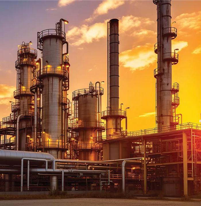 View of a petrochemical plant during sunset.