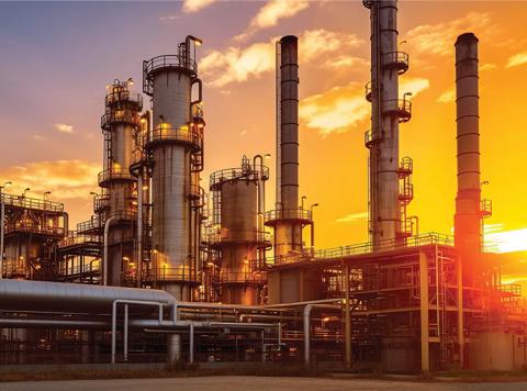 A fossil fuel power plant in a golden sunset