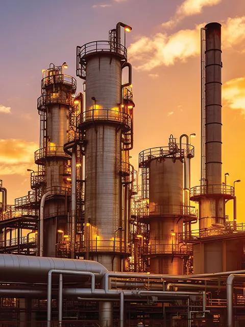Industrial refinery complex at sunset.
