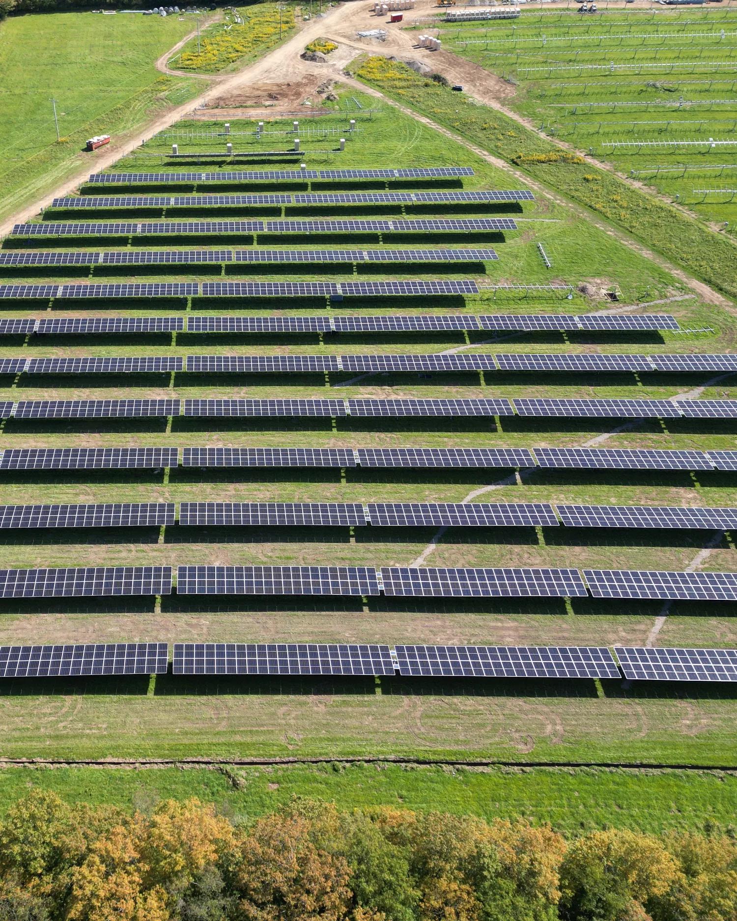 Aerial view of horizontal multiple rows of solar panels in a grass field.